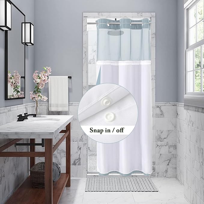 No Hook Cloth Fog Blue Shower Curtain with Liner, 36x74 | Snap-in Fabric Liner, Hotel Style with Mesh Top Window, Waterproof Coating, Machine Washable, Rustproof Grommets