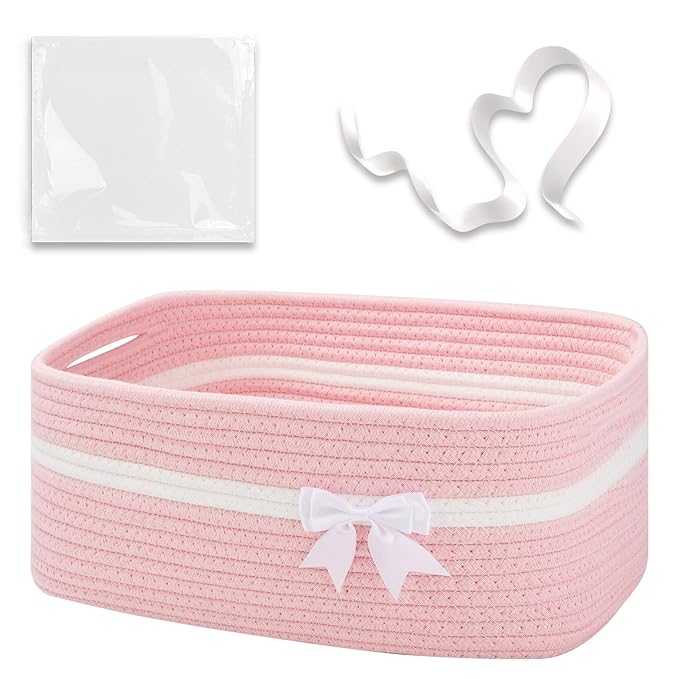 OIAHOMY Large Woven Storage Basket with Handles for Nursery Living Room Shelves, Bow Basket for Gifts Empty with Gift Bags and Ribbons for Baby Showers Pet Toy Bin - Pink