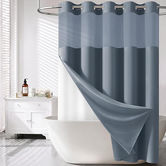 72x87 Ringless Linen Textured Shower Curtain with Snap in Liner, Blue | Extra Long Size, 3 in 1 Durable Fabric Shower Curtain, Removable Liner, Waterproof & Washable, Mesh Top Window, Easy Setup