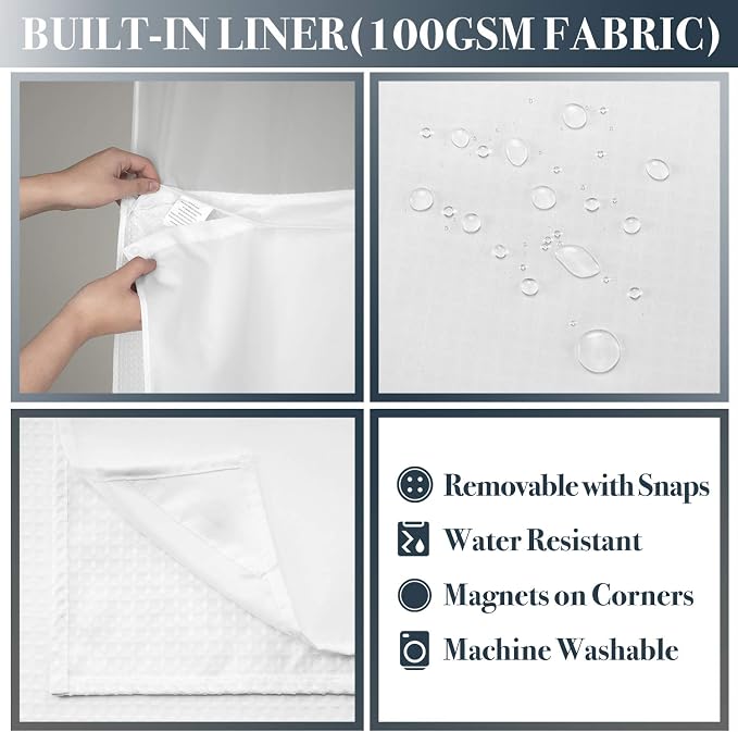N&Y HOME Long Waffle Weave Shower Curtain with Snap-in Liner 71x75, White | 12 Hooks & Snap on Fabric Liner, Washable, Mesh Window, Hotel Style, 75 inches Length Shower Curtain Set for Bathroom