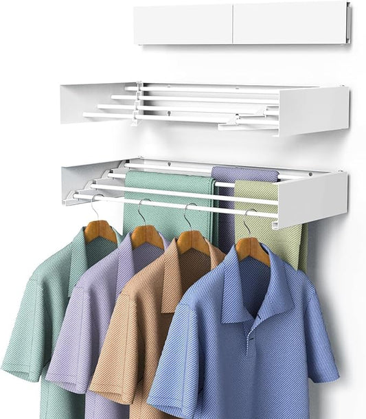 Laundry Drying Rack, Collapsible Wall Mounted Clothes Drying Rack - Drying Rack Clothing Foldable,Space Saving, 32" Wide, 13.2 Linear Ft, 5 Aluminum Rods, 60 lb Capacity (White, 32")