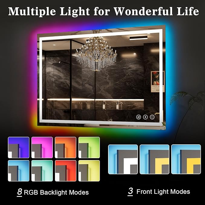 WTTY 60"x36" RGB LED Bathroom Mirror with Light | 8 Color Backlight + 3 Color Front Light, Anti-Fog, Dimmable, Memory Function, Tempered Glass, IP54 Waterproof, ETL Listed