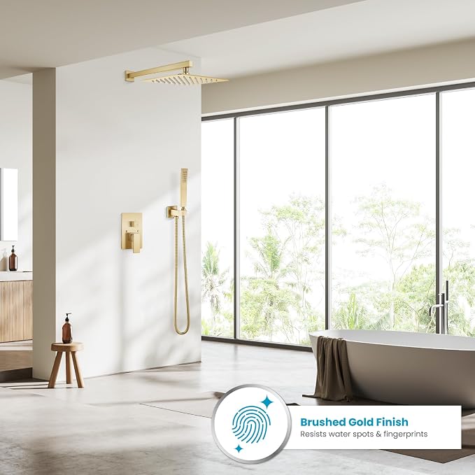 gotonovo Shower Faucet Set with Handheld Spray Brushed Gold,12'' Head | SUS304 Rainfall Shower Head and Handle Set System Fixture,Pressure Balance Valve Trim Kit,Single Handle,Wall Mount,All Metal