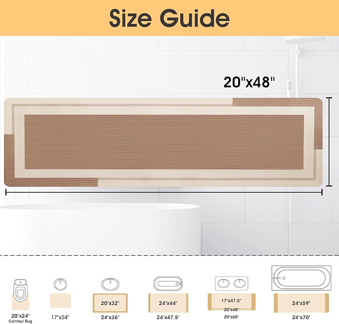 Non Slip Bath Mat, Thin Bathroom Rugs Fit Under Door, Quick Dry Bath Mats, Machine Washable Bath Rugs for Bathroom, Bathtub & Kitchen, Bathtub, Light Brown/Bordered/48 x20