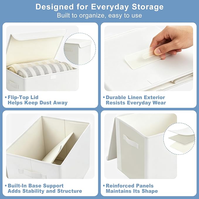 Large 17" 42 Quarts Collapsible Stackable Storage Bins with Lids [3-Pack] Foldable Fabric Linen Storage Boxes Cube, Closet Organizer Baskets with Label (16.7 x 12 x 12, White)