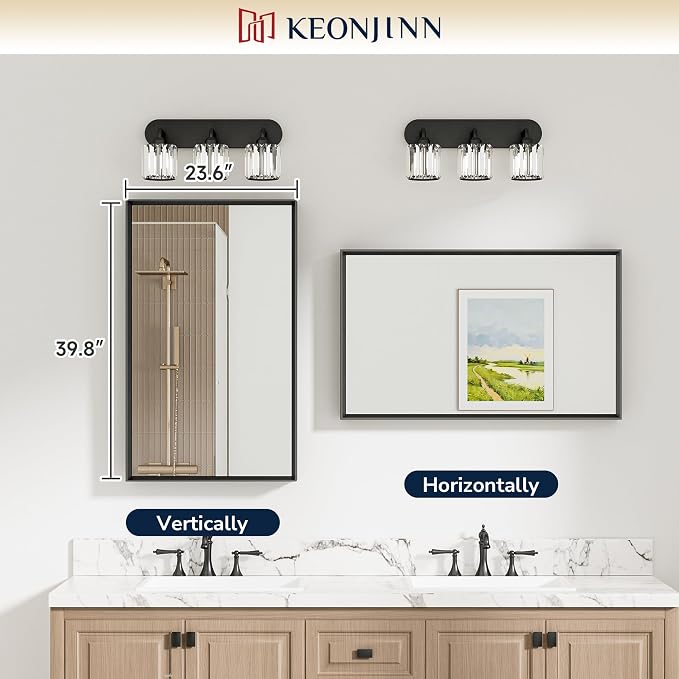 Keonjinn 40 x 24 Inch Brushed Nickel Bathroom Mirrors for Over Sink | Aluminum Metal Frame, Beveled Rectangle Mirrors for Wall, Farmhouse Bathroom Vanity Mirror, Tempered Glass, Square Corner