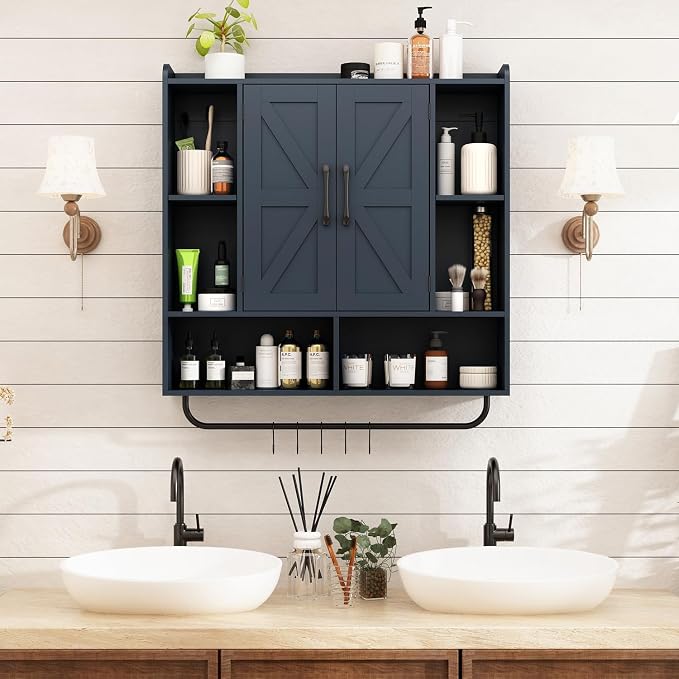 RUSTOWN Rustic Bathroom Wall Storage Cabinet with 2 Barn Doors, Navy Blue | Farmhouse Medicine Cabinet, Wall Mounted, Space Saving, 3-Tier Adjustable Shelves, Towel Bar, 5 Hooks