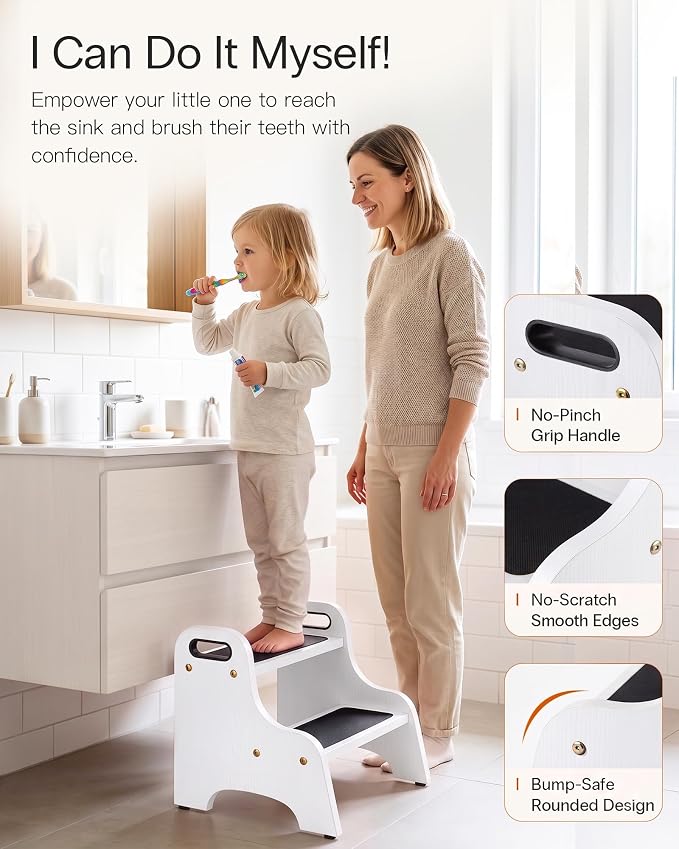 StrongTek Wooden 2 Step Stool, 350 lb Capacity, Non-Slip, White | Wide Non-Slip Surface, Portable Handles, Stable Support for Sink, Potty Training, Kitchen, Bathroom and Bedside