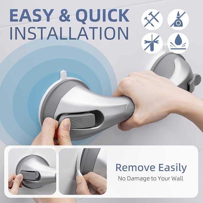 Shower Grab Bars,Suction Shower Handles,2 Pack,12.2",Silver | safety for elderly,seniors,showers,bathtubs&toilet,bathroom grip bar heavy duty rails,no drilling removable waterproof