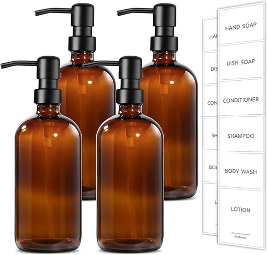 GMISUN Amber Glass Soap Dispenser, 4 Pack Bathroom Hand Soap Dispensers with Stainless Steel Pump, 17 Fl Oz Kitchen Hand and Dish Soap Dispenser Set, Modern Vintage Liquid Brown Soap Dispensers Bottle