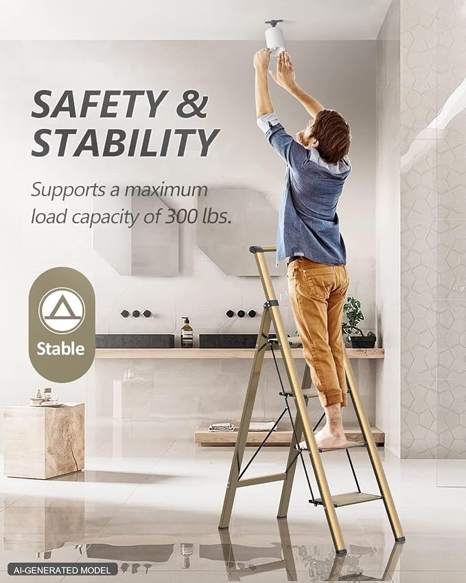 4 Step Ladder, Lightweight Folding Step Stool, Brown Gold | Reach 8ft;Anti-Slip 7.9'' Wide Pedal;Portable Handrail;Space-Saving;For Kitchen, Home, Library, Office Use;300lbs Capacity