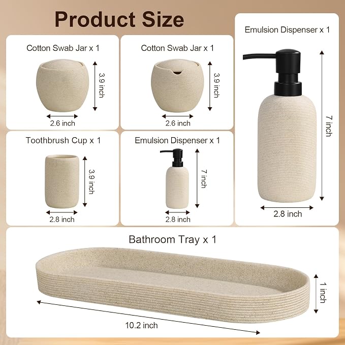 6-Piece Bathroom Accessories Set - Resin Bathroom Set, Lotion Dispenser, Tumbler, Vanity Tray, Cotton Swab Jars with Lids, Bathroom Organizer, Elegant Bath Decor for Home Dorm Hotel Countertop (Beige)