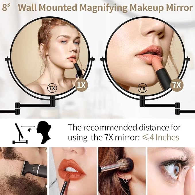 BTremary 8” Wall Mounted Magnifying Makeup Mirror 1X/7X Wall Mount Mirror Swing Arm Two-Sided 360° Swivel Bathroom Shaving Mirror for Men and Women in Hotel/Home, Black