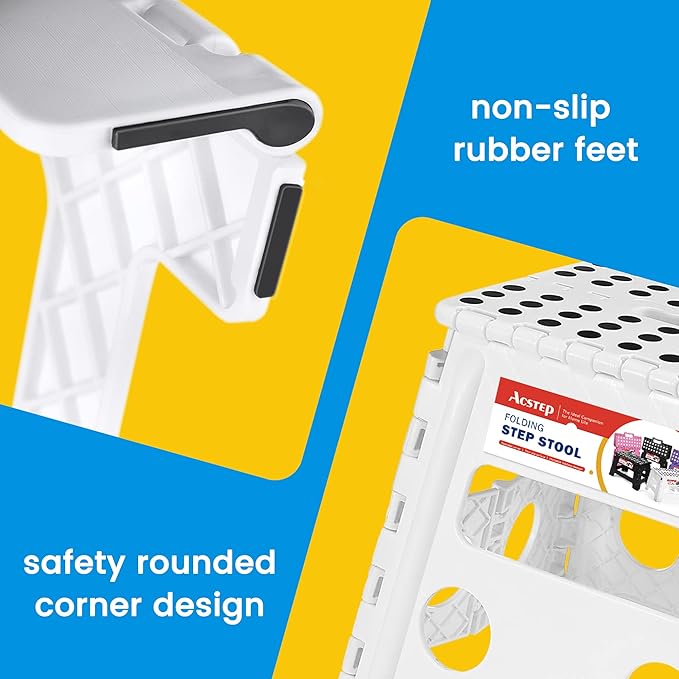 13 Inch Folding Step Stool, Holds 300 lb, for Adults and Kids, White | Heavy Duty Portable Collapsible Foot Stool, Non-Slip Surface for Kitchen Bathroom Bedroom Outdoor, Lightweight with Handle