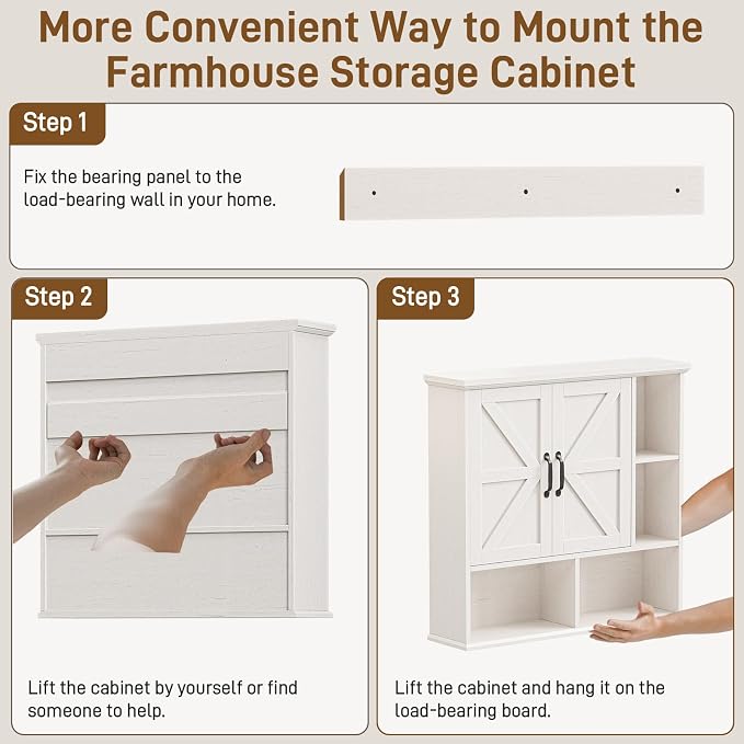 Bathroom Wall Cabinet, Farmhouse Medicine Cabinet with Doors, Rustic White | Over The Toilet Storage Cabinet with Double Barn Door and Adjustable Wood Shelf for Wall Mounted for Bathroom Laundry Kitchen