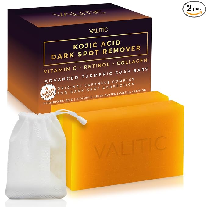 VALITIC Kojic Acid Dark Spot Corrector Soap Bars with Vitamin C, Retinol, Collagen, Turmeric - Original Japanese Complex - Hyaluronic Acid, Vitamin E, Shea Butter, Castile Olive Oil - 2 Pack With Bag