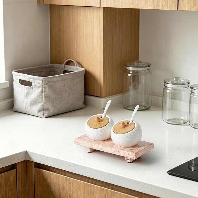 Natural Marble Tray Pedestal Stand, Stone Riser for Bathroom, Kitchen Sink | Stone pedestal riser, unique veining. Hand-polished, waterproof. Soap & vanity display. Perfume & candle catchall. Non-slip.