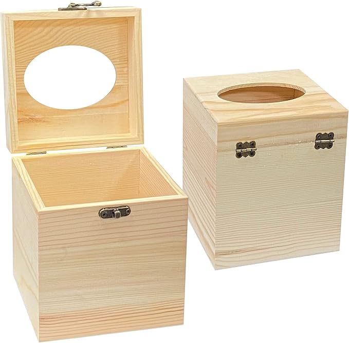 2 Pack Unfinished Wooden Tissue Box Cover for Crafts Oval Opening Solid Square Wood Tissue Holder for Home Decor (5.1x5.1x6 in)