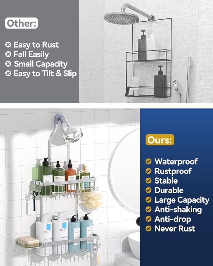 Never Rust Shower Caddy Hanging, Aluminum Shower Racks for Inside Shower, 2-Tier Shower Organizer Hanging Over Shower Head with Hooks and Soap Holder, Silver