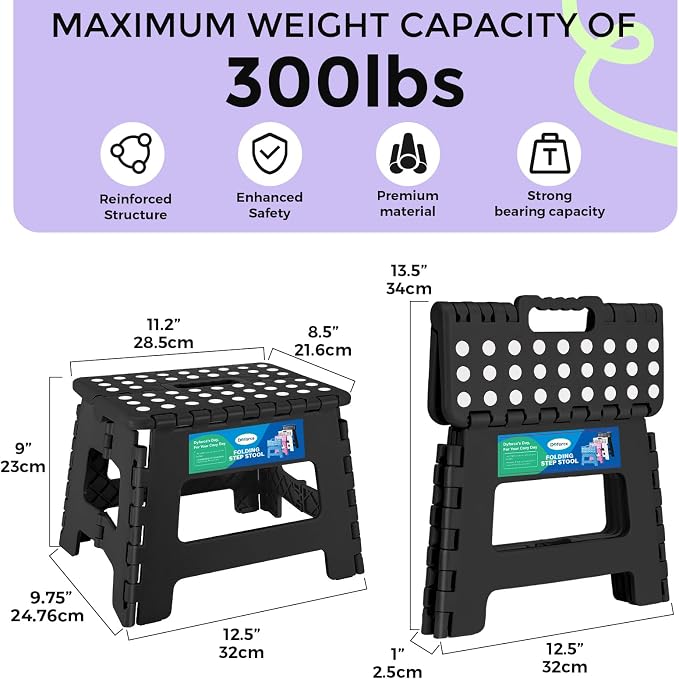 Dyforce Kids Step Stool 9 Inch, 300lbs Folding Step Stool for Toddler | Step stool for kids Black,Anti-slip Heavy Duty with Handle, Lightweight Foldable Stool for Bathroom Kitchen Bedroom Outdoor