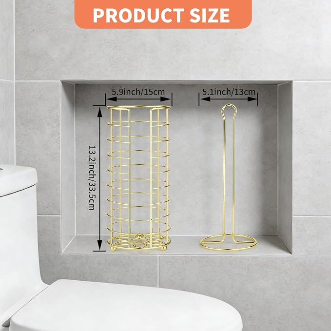 Toilet Paper Holder Stand,Freestanding,Gold | Bathroom Toilet Paper Organizer, 3 Mega Roll Toilet Paper Holder for Under Sink, Vanity, Cabinet Shelf
