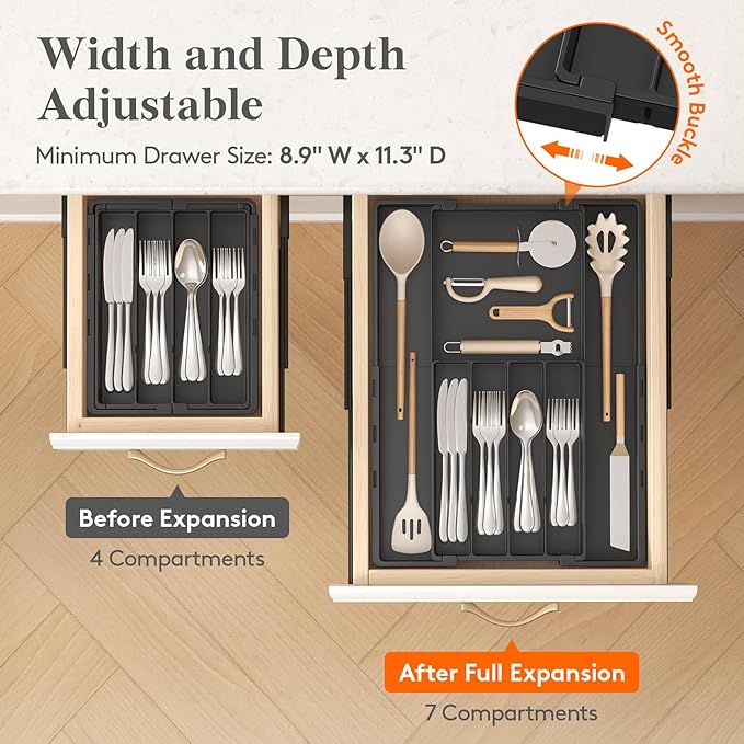 Lifewit Expandable Silverware Drawer Organizer, Utensil Tray for Kitchen | BPA Free Flatware and Cutlery Holder, Adjustable Plastic Storage for Spoons Forks Knives, 8.9-14.3 x 11.3-19.4 x 1.7", Black