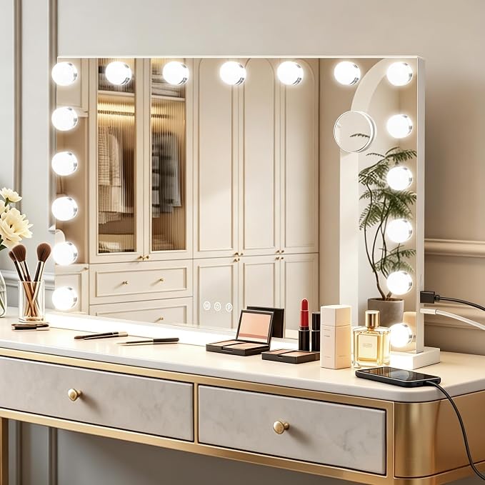 Ratsamee Hollywood Vanity Mirror with Lights, 17 Dimmable Bulbs, 3 Color Lights,Make Up Lighted Mirror, Aluminum Metal Frame, USB Charging Port（28" x 20"）