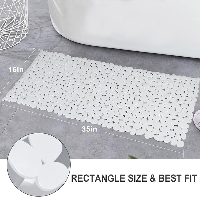 Pebble Shower Mat for Bathtub Non Slip Mat 35"X16" with Suction Cups,White | Anti Slip Bathtub Mat in Shower with Drain Holes
