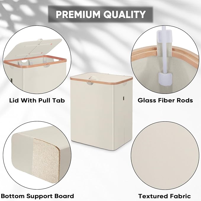 BALEINE Laundry Hamper with Lid, Tall Laundry Baskets with Bamboo Pull Handles, Large Laundry Bin with Internal Support (36 Gal/140L, Beige)