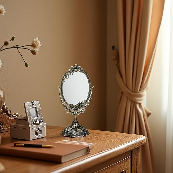 Feyarl Small Metal Vintage Makeup Mirror Floral Tabletop Oval Vanity Swivel Double Sided Mirror with Stand Elegant Decorative for Dressing Room Bedroom (Bronze)