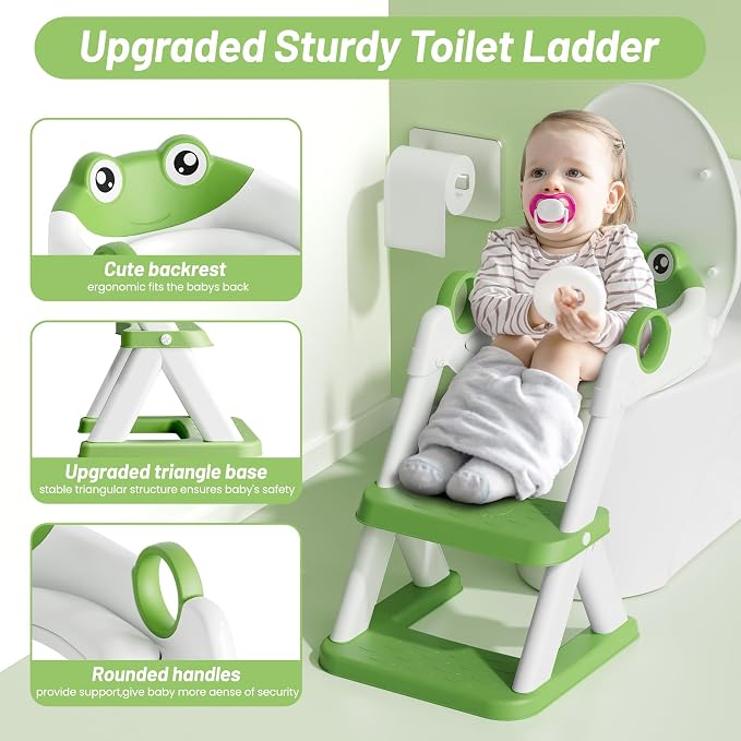 Potty Training Seat, Upgrade Toddler Toilet Seat for Kids Boys Girls, 2 in 1 Potty Training Toilet, Splash Guard Anti-Slip Pad Step Stool(Green-Frog)