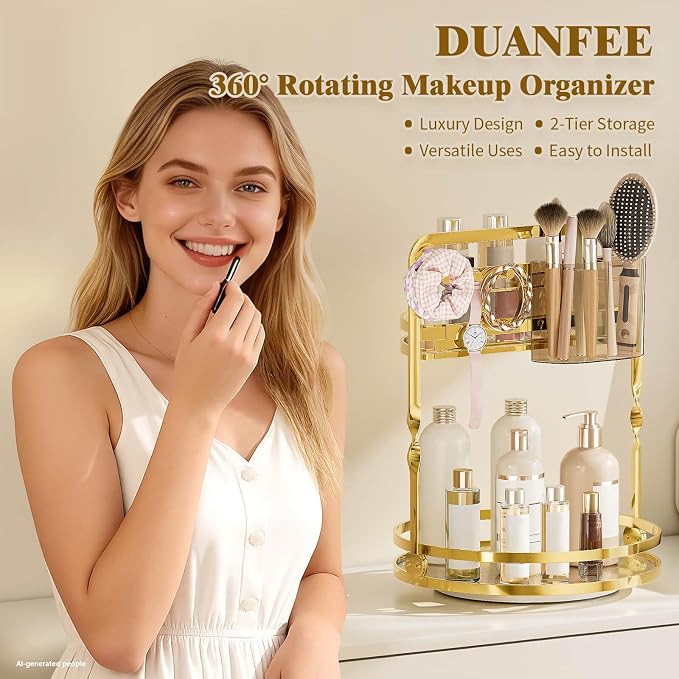360° Rotating Makeup Organizer for Vanity, Gold Bathroom Organizer | 2-Tier Perfume Organizer with Makeup Brush Holder & Jewelry Hooks,Spinning Counter Shelf Storage for Perfume Skincare Dresser