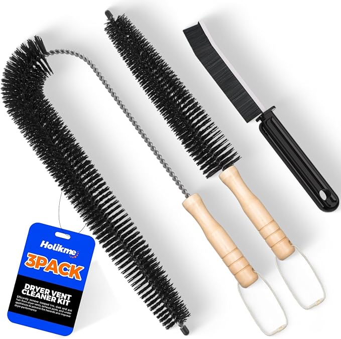 Holikme Dryer Vent Cleaner Kit 3 Pack – Crevice & 2 Lint Brushes | Flexible Nylon Bristles & Bendable Shaft Adapt to Tight Corners – Also Cleans Fridge Coils, Radiator Fins & AC Vents.