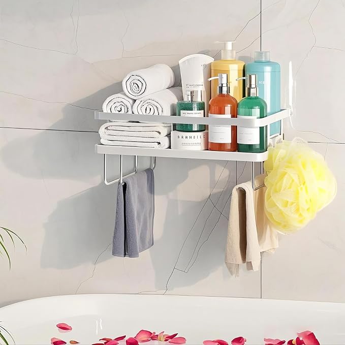 ShellKingdom Over the Toilet Storage Shelf, Toilet Paper Holder Stand Rack | Punch-Free Bathroom Storage Rack with 2 Hooks, Small Space Organizers for Bathroom, Home, White