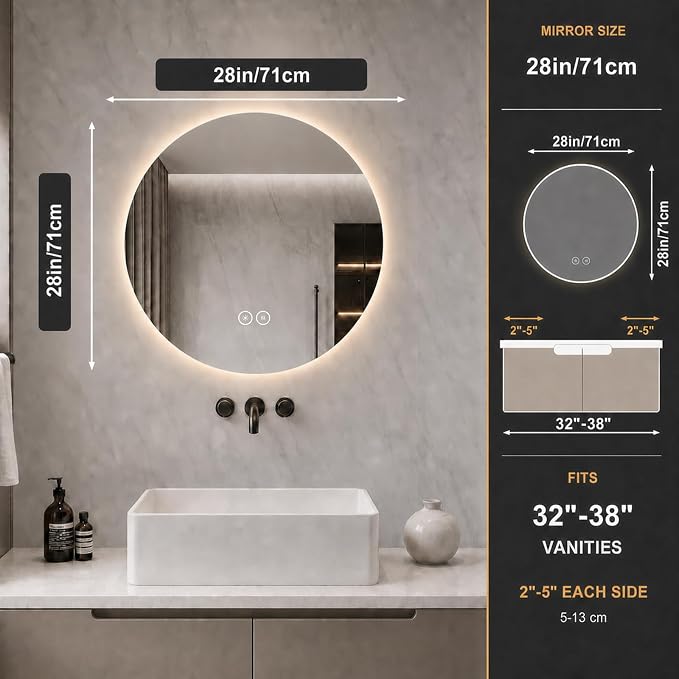 LAIYA 28 Inch Round LED Bathroom Mirror Frameless Backlit Anti-Fog Dimmable | Touch control, 24V IP65 strip, CRI 95+, 3000K-6000K colors, 10%-100%, memory, 5mm copper-free glass, 3-5 min defog, wall kit.