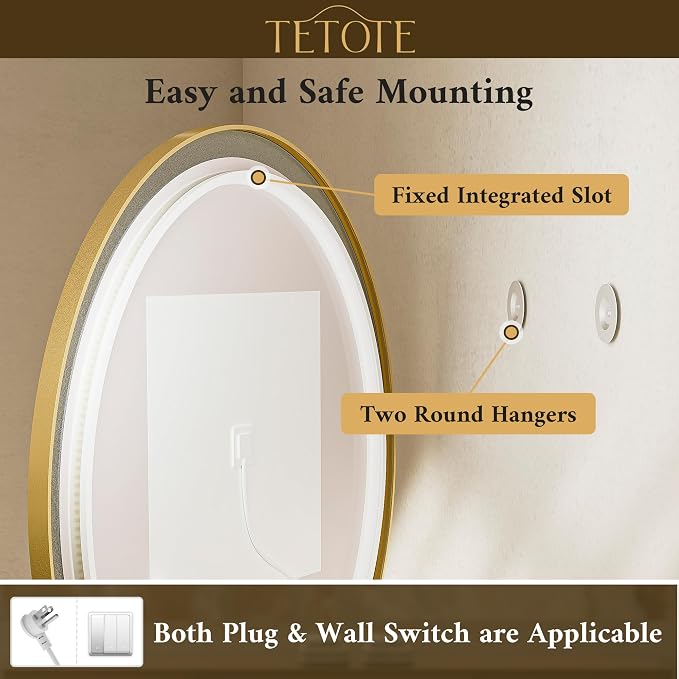 Gold Round Led Mirror with Lights 24 Inch Metal Framed Round Circle Lighted Bathroom Vanity Mirror Wall Mounted, Front and Backlit 3 Color Stepless Dimmable Anti Fog, Shatterproof, CRI 90+