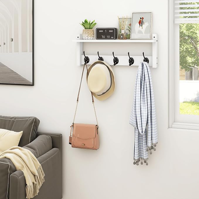 Wall Shelf with Hooks, Coat Rack Wall Mount with Pegs, Hanging Entryway Coat Hanger, Wood and Iron Shelf for Bathroom, Hallway, Bedroom, White