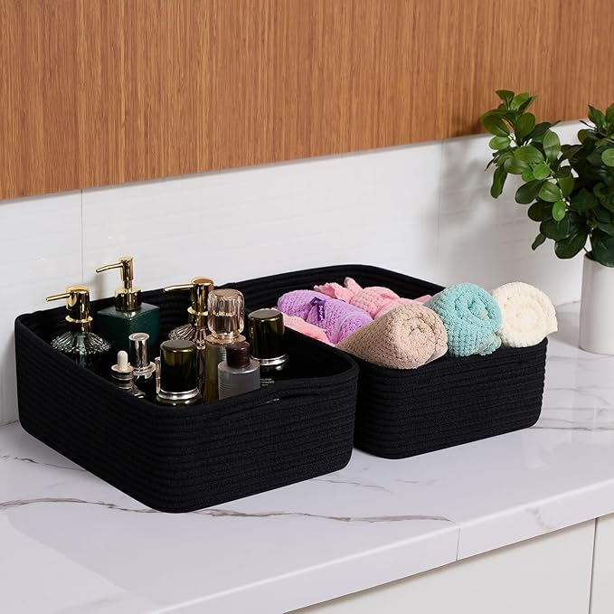 MiniArk Large Shallow Organizing Baskets 15x11x5.1 Inches - Rope Woven Storage Bins for Bathroom, Shelves, Cube Closet, Black 2 Packs