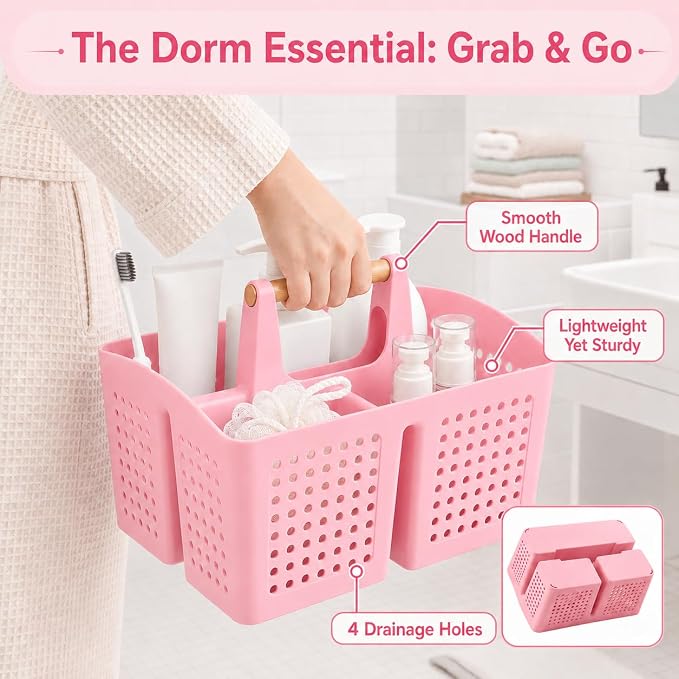 Portable Shower Caddy Basket with 3 Compartments and Handle, Caddy Pink | Plastic Divided Beauty Caddy Organizer for Makeup, Skincare, Hair Products, Nail Supplies, Vanities and Dorm Rooms