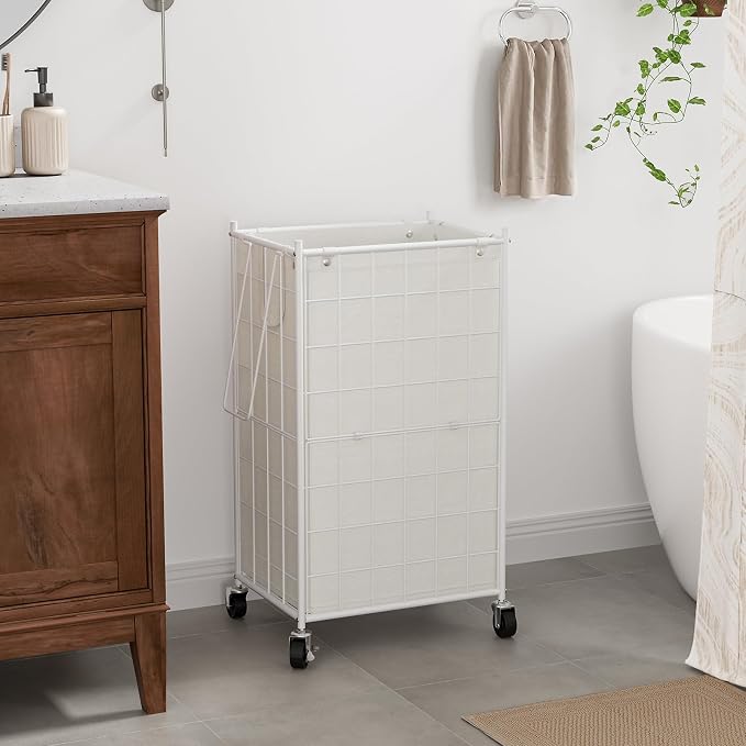 WOWLIVE Rolling Laundry Basket, Metal Wire Frame Laundry Hamper with Wheels | Hamper with Removable Bag, 100L Dirty Clothes Hamper Organizer Dorm Room Storage for Bedroom, Bathroom, White