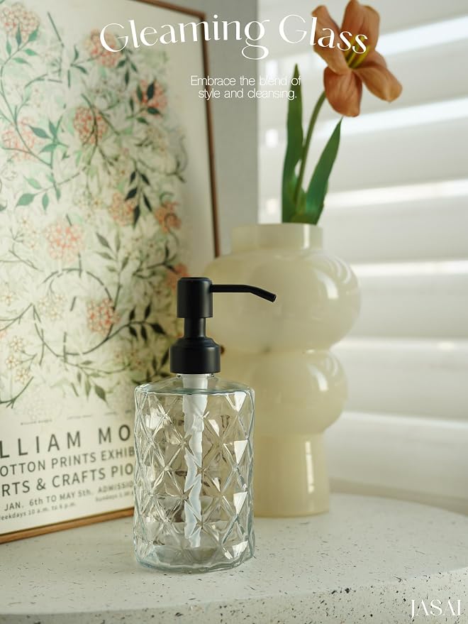JASAI Diamond Design 12 Oz Glass Soap Dispenser with Black Pump | Small Hand soap Dispenser with Rust Proof Pump, Bathroom Soap Dispenser for Hand Soap, Liquid Soap, Dish Soap.