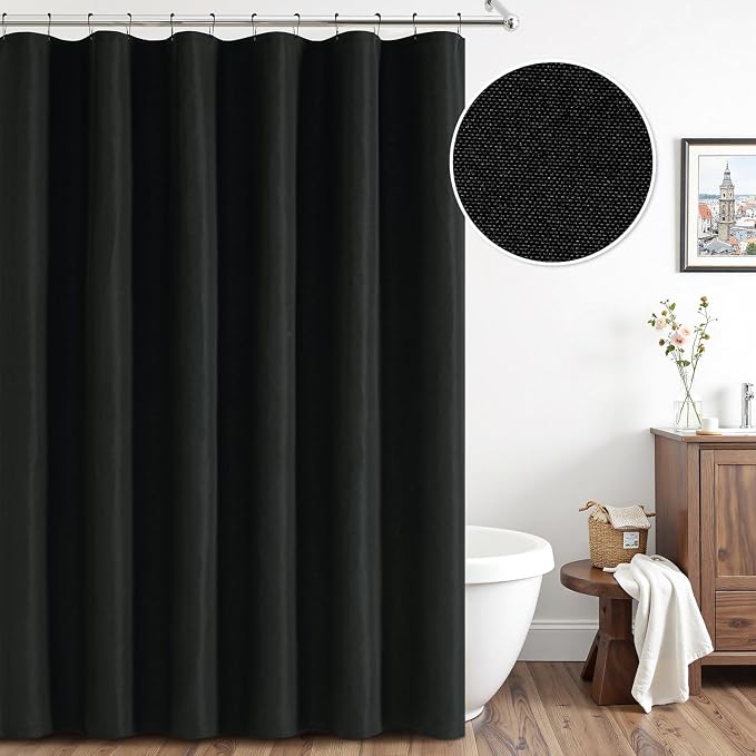 ANRODUO Black Extra Long Linen Fabric Shower Curtain Set - W72xL108 | Farmhouse Shower Curtain with 12 Metal Hooks, Waterproof Heavy Duty, Button Hole Design, Machine Washable for Bathroom