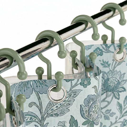 Bathway Green Shower Curtain Hooks, 12 Plastic Double Shower Curtain Rings | Hang Both Shower Curtain & Liner, Waterproof, Rust-proof, Sturdy, Durable, Flexible, Multifunctional, Universal, Easy to Use