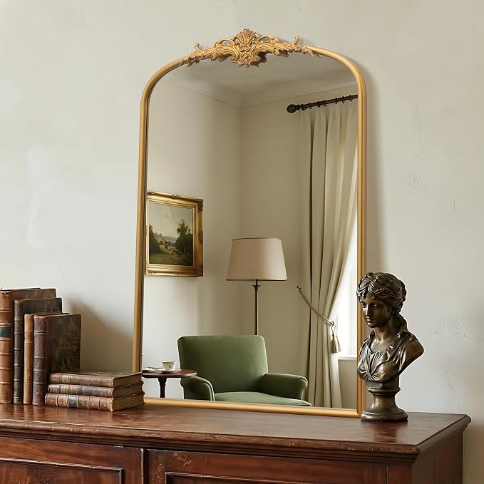 Besdomus Antique Large Wall Mirror: 24"x36" French Arch Gold Vanity Mirrors | Vintage Metal Framed Decorative - Baroque Traditional Ornate for Entryway/Bathroom/Dresser - Ideal for Bathroom Renovations