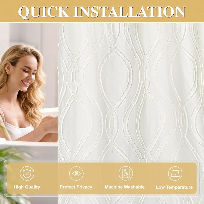 Yinhua No Hook Shower Curtain with Snap in Liner Set, 71" W×86" L, Beige | Hotel Style, See Through Top Window, Washable Waterproof, Tufted, Extra Long Hookless Curtain for Bathroom Bathtub