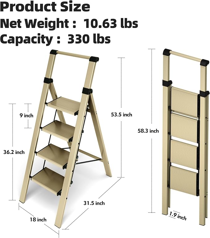 HillhutApex Aluminum 4 Step Ladder, Step Stool Foldable Ladder(Gold) | Stepladder with Handgrip,Anti-Slip Pedals,330lbs Capacity,Lightweight Folding Ladder for Home,Office,Libaray