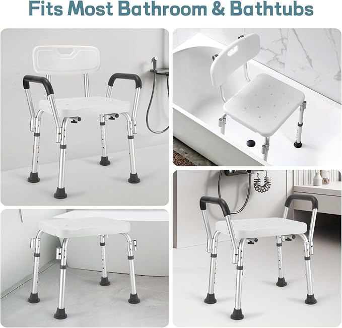 Heavy Duty Shower Chair for Elderly & Disabled with Padded Armrests & Back | Tool-free assembly adjustable height shower seat for inside shower. Provides secure, comfortable support for handicap adults