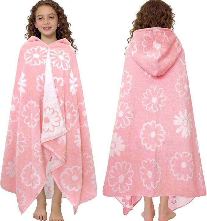 VOOVA & MOVAS Big Kids Hooded Towel Wrap, 8+, 100% Cotton, Thick,Daisy | Floral Daisy Jacquard, Soft, Absorbent & Quick Dry, Ideal for Girls’ Bath, Beach and Swim