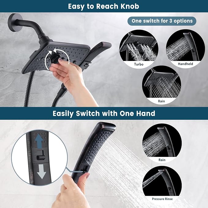 BRIGHT SHOWERS High Pressure Shower Head with Handheld, Oil Rubbed Bronze Dual Showerhead Combo with Rainfall Spray, Detachable Hand Held Shower, 60" Stainless Steel Hose