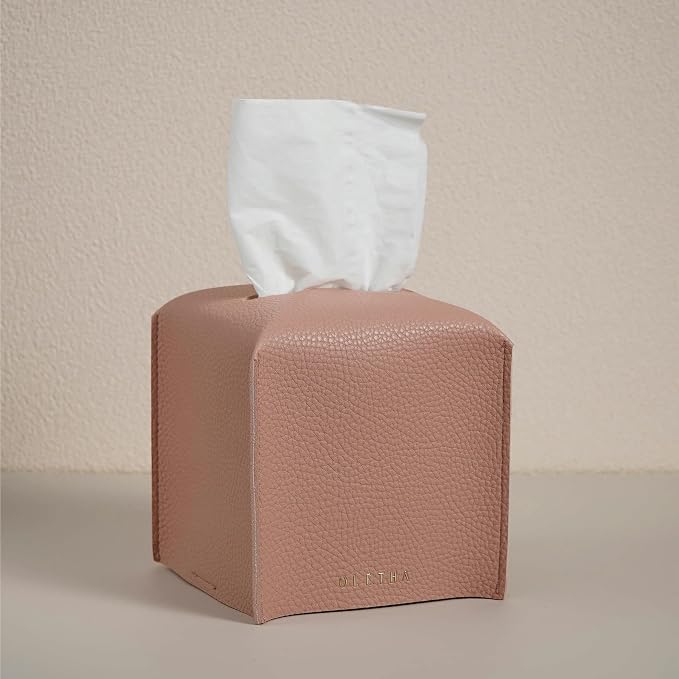 OLETHA Square Tissue Box Cover, Aesthetic Desk Decor, Pink | Faux leather tissue box holder for room, home, office; fits Kleenex & Puffs cube boxes; velcro base; easy swap; wipes clean